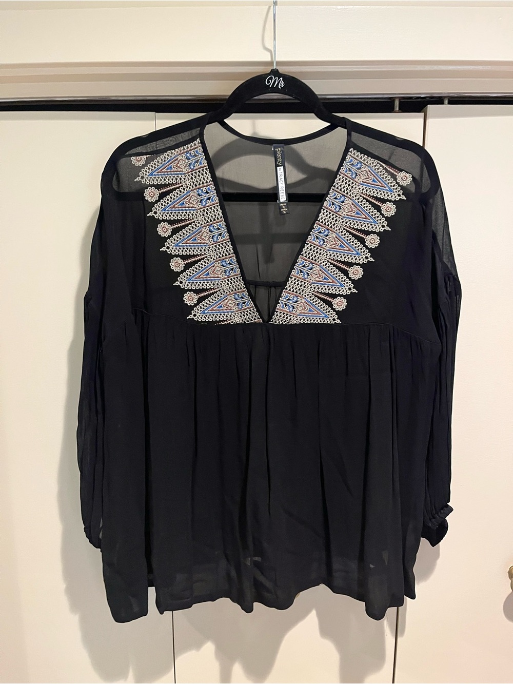 Plenty by Tracy Reese Black V-Neck Tunic with Blue & Cream Embroidery